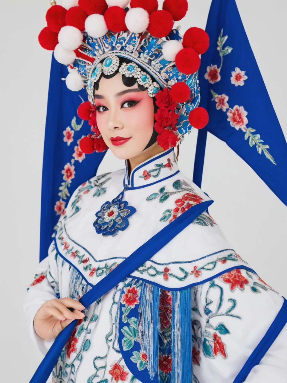 10080-715144394-_lora_chinese operas_1_0.7_,A woman wearing a blue and white costume with colorful patterns, carrying several flags behind her,s.png